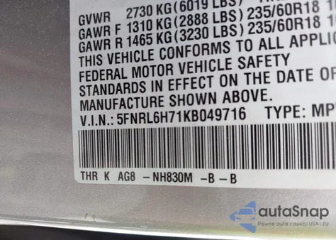 2019 Honda Odyssey Ex-L z USA, uszkodzony, nr VIN 5FNRL6H71KB049716